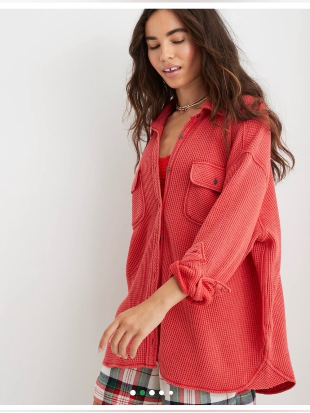 Aerie LumberJane Waffle Shirt Size Medium Shacket Oversized Button Up Coral Pink